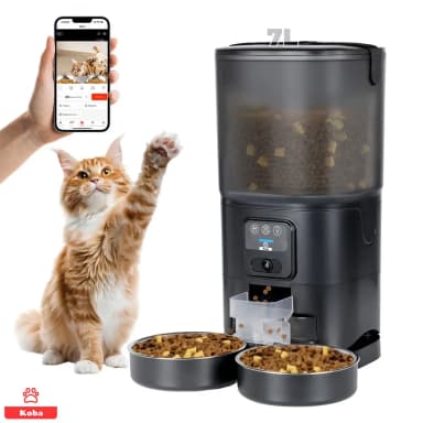 Dispensador Alimento Automático Para Mascota Perros Gatos Con Cámara 1080p Wifi Control 7 Litros Color Negro Marca KOBA