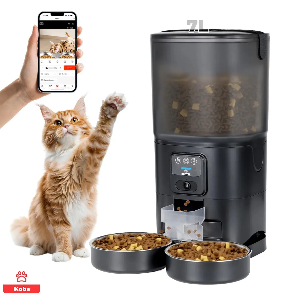 Dispensador Alimento Automático Para Mascota Perros Gatos Con Cámara 1080p Wifi Control 7 Litros Color Negro Marca KOBA